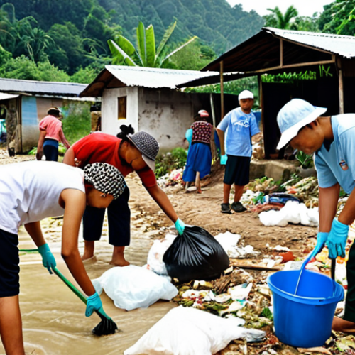 **

A diverse group of people participating in a river cleanup activity in a Malaysian "kampung" (village). Show volunteers collecting trash from the riverbanks, with a focus on plastic waste. The background should depict traditional village houses and lush greenery. Emphasize the community spirit and the impact of environmental education.

**
