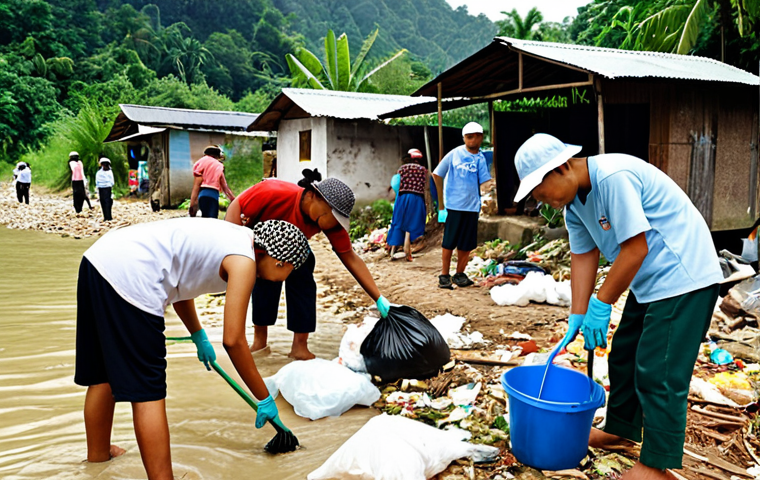 **
A diverse group of people participating in a river cleanup activity in a Malaysian "kampung" (village). Show volunteers collecting trash from the riverbanks, with a focus on plastic waste. The background should depict traditional village houses and lush greenery. Emphasize the community spirit and the impact of environmental education.
**